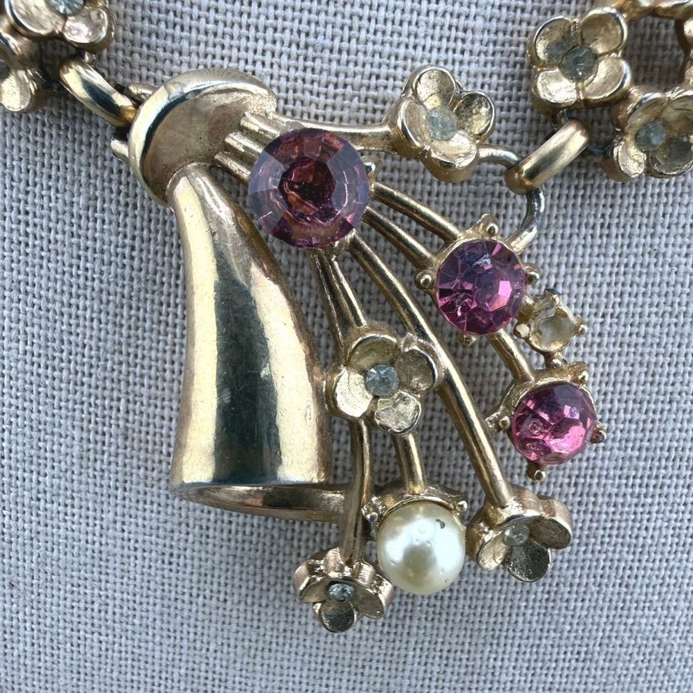 Vintage Estate Necklace Gold Tone Pink Rhinestone Floral Faux Pearl 15in